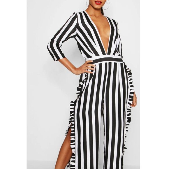 NWT- Boohoo Black and White Striped Ruffle Slit Leg Jumpsuit - Picture 9 of 9